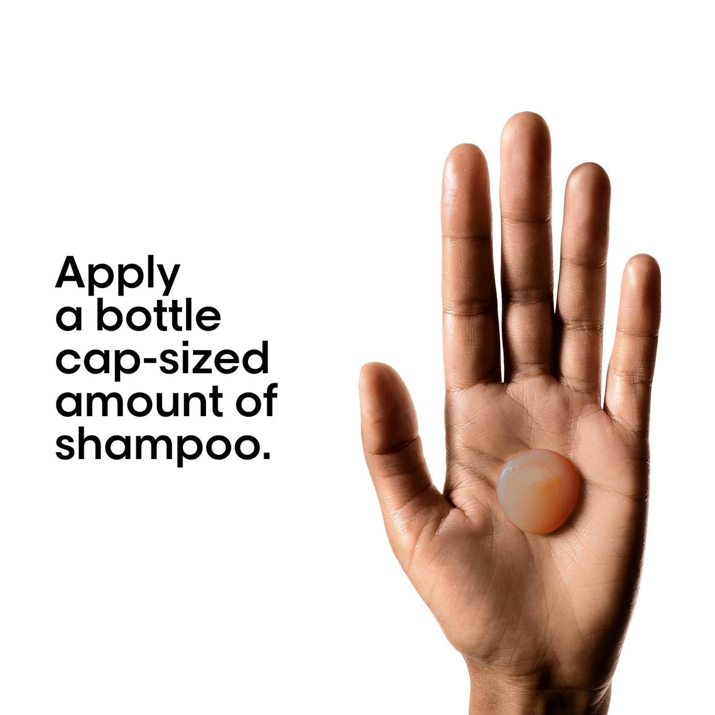 Hand holding a bottle cap-sized amount of shampoo with text on a white background