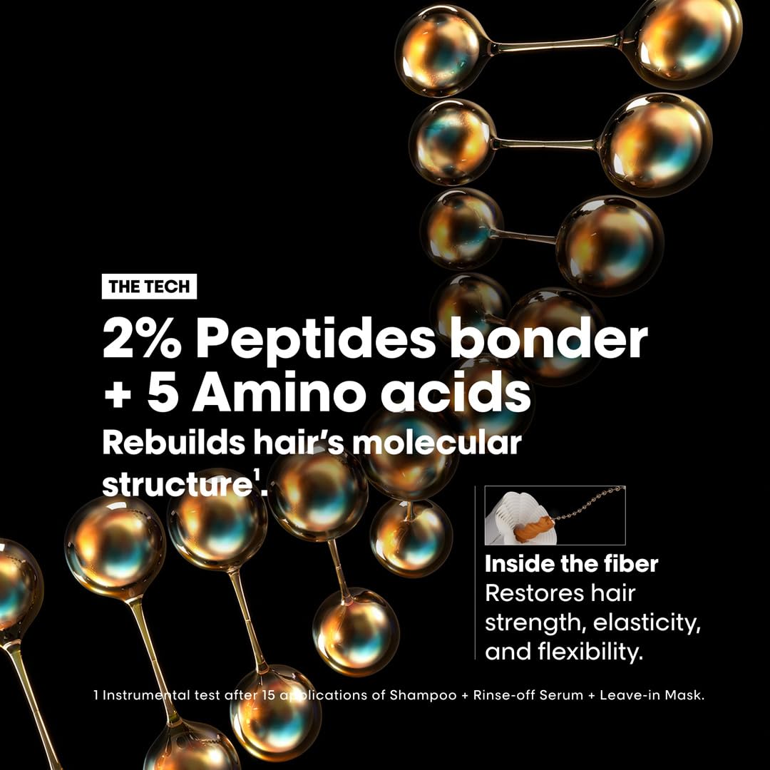 Advertisement for hair care product with peptide and amino acid text on a black background