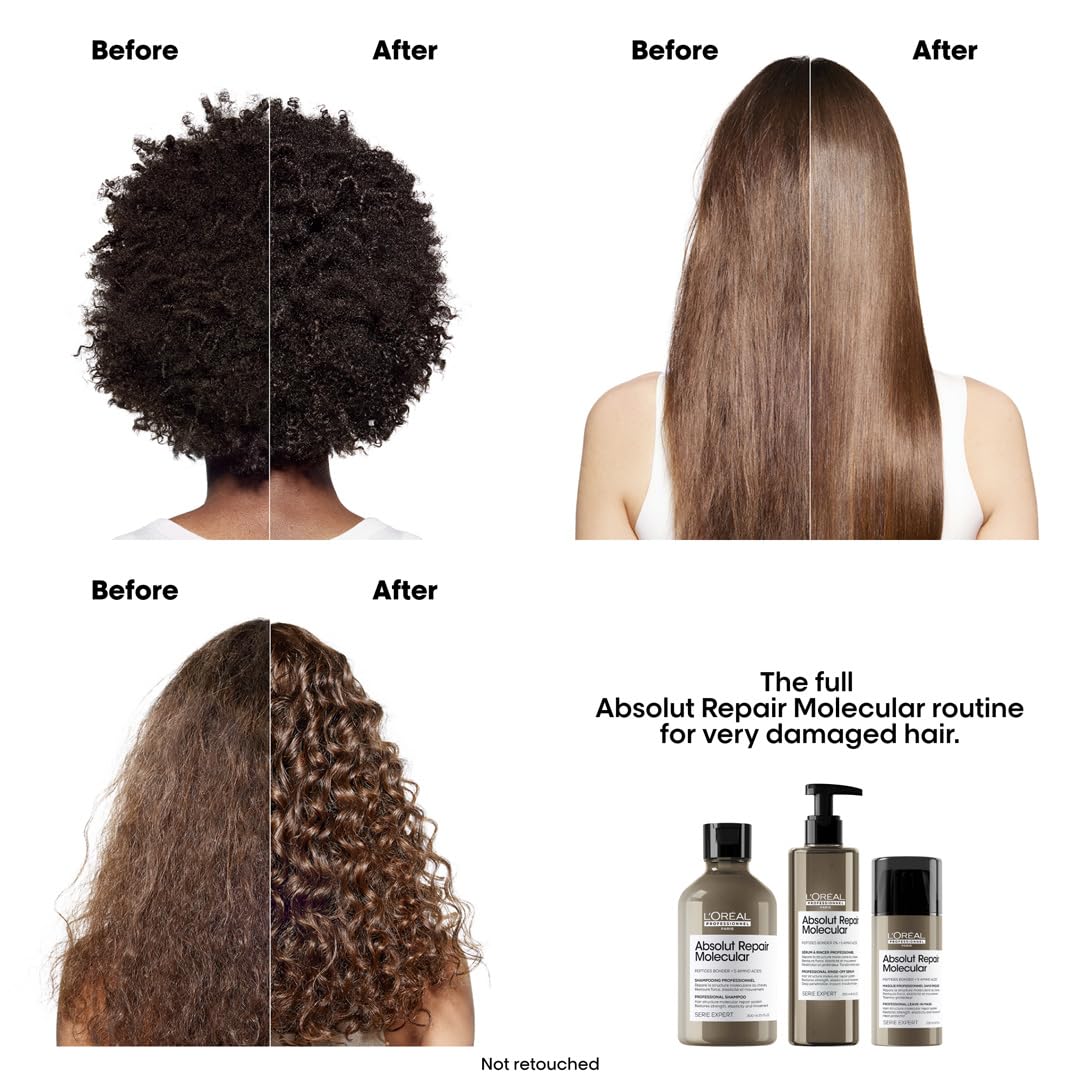Before and after hair transformation with L'Oreal products on a white background