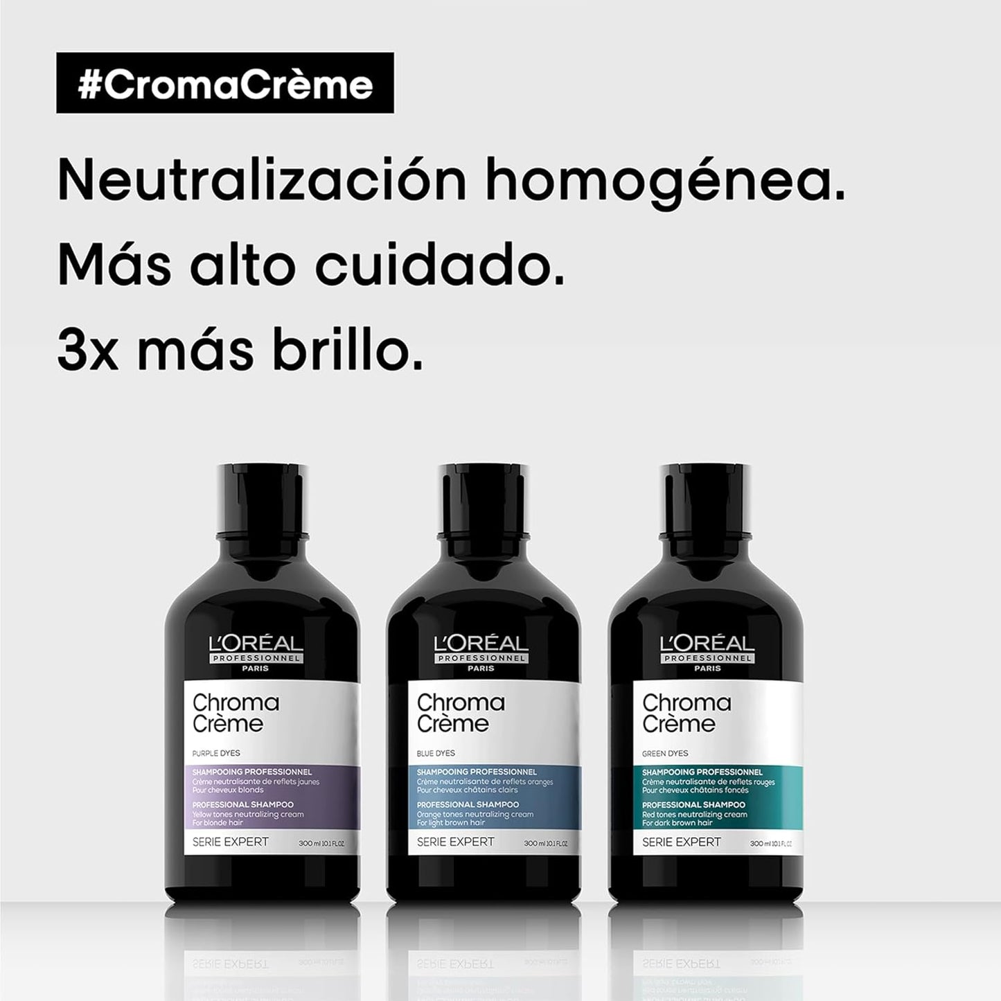 Three bottles of L'Oreal Chroma Crème hair care products on a white background with text about uniform neutralization, more care, and three times more shine.