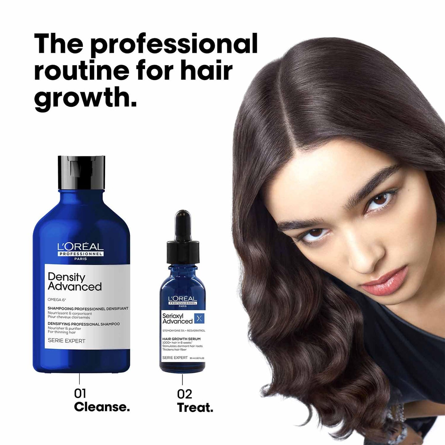 L'Oreal Density Advanced hair care products with a model featuring styled hair.