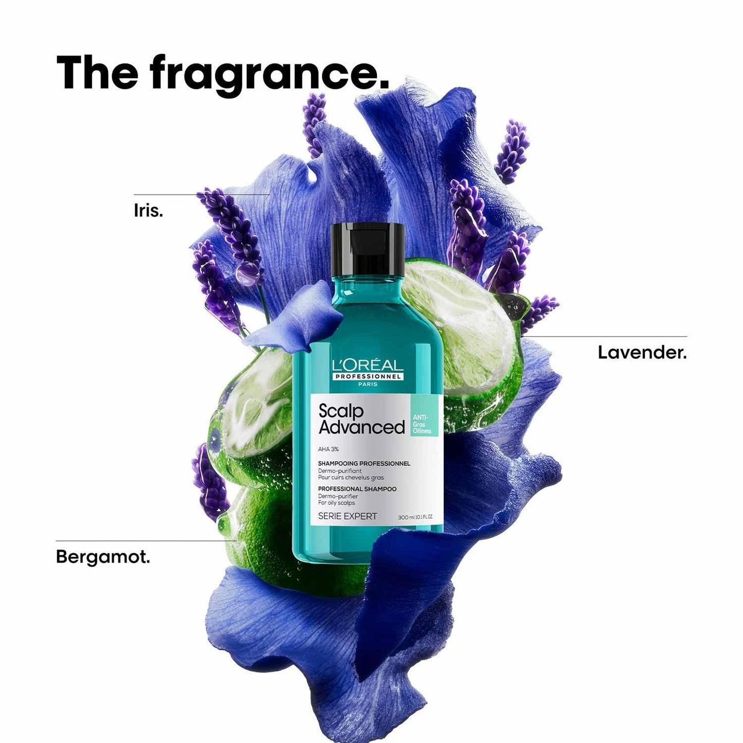 L'Oreal Scalp Advanced shampoo bottle with floral elements on a white background