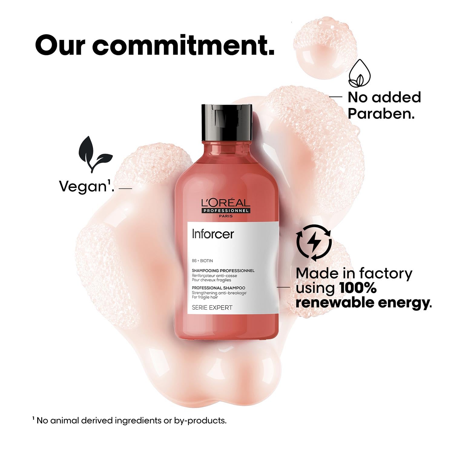 L'Oreal Inforcer shampoo bottle with sustainability features on a white background