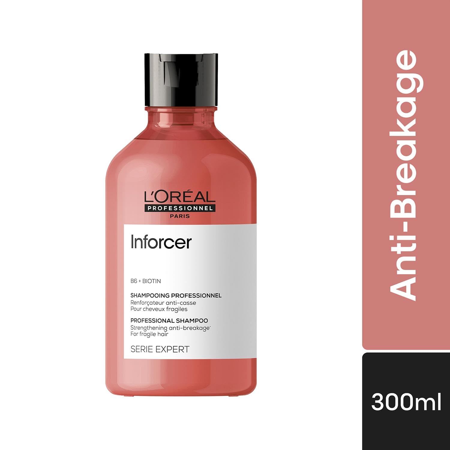 L'Oreal Inforcer shampoo bottle with 'Anti-Breakage' text on a white background