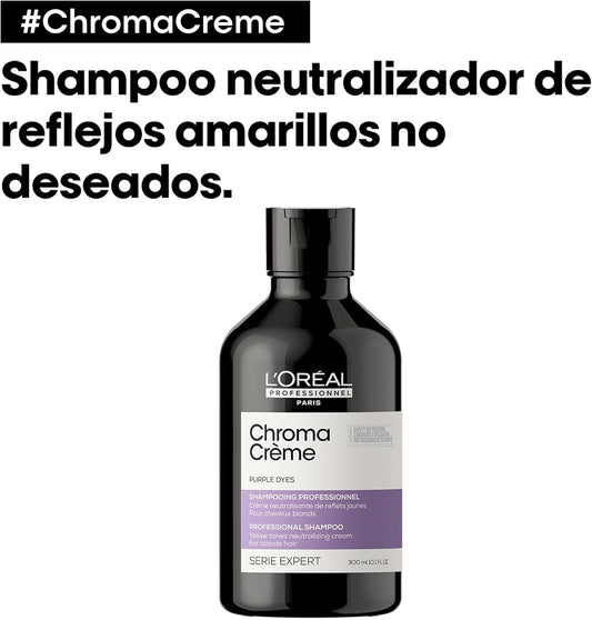 L'Oreal Chroma Creme shampoo bottle with text on a white background