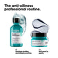 L'Oreal Scalp Advanced shampoo and mask with product names and benefits on a white background.