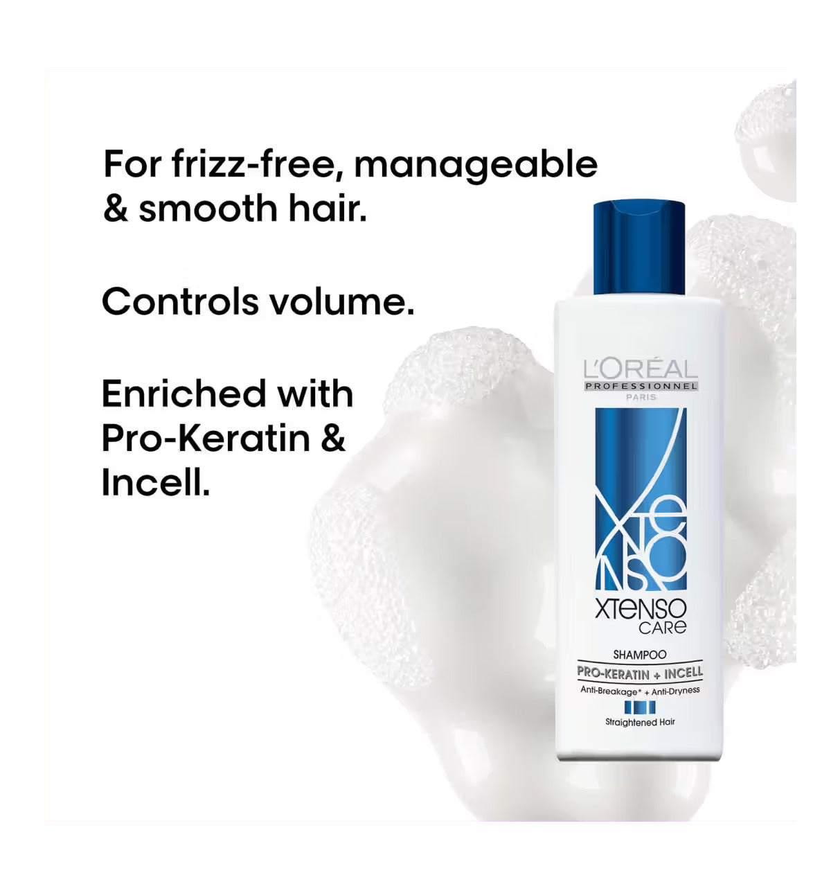 L'Oreal Xtenso Care shampoo bottle with text on a white background