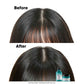 Before and after comparison of hair with a bottle and jar on a white background