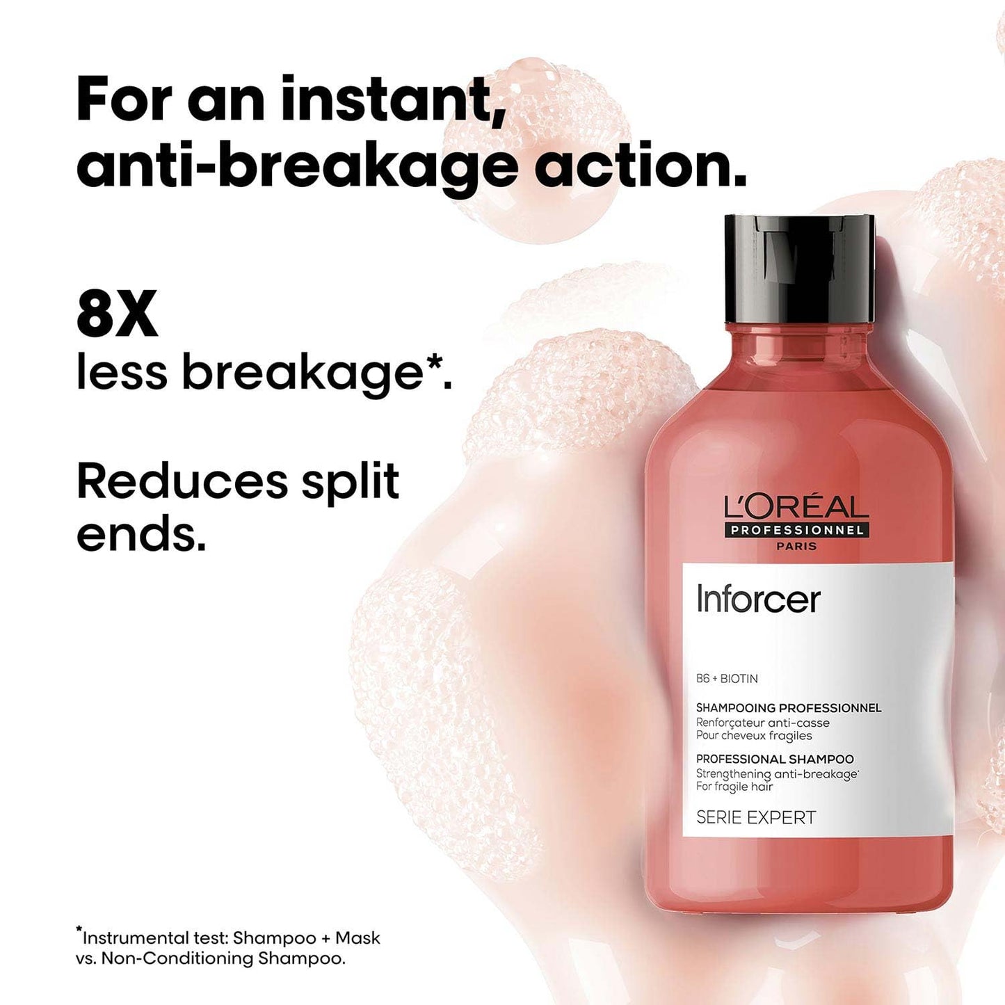 L'Oreal Inforcer shampoo bottle with text highlighting anti-breakage action on a white background