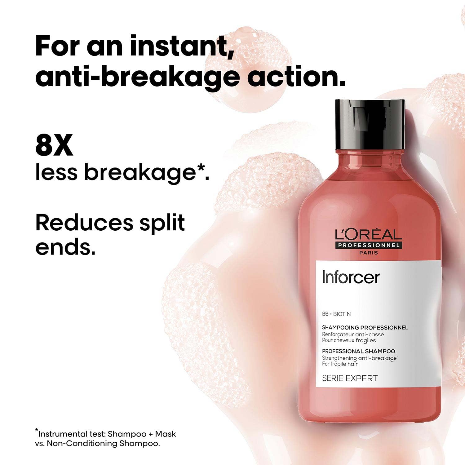 L'Oreal Inforcer shampoo bottle with text highlighting anti-breakage action on a white background