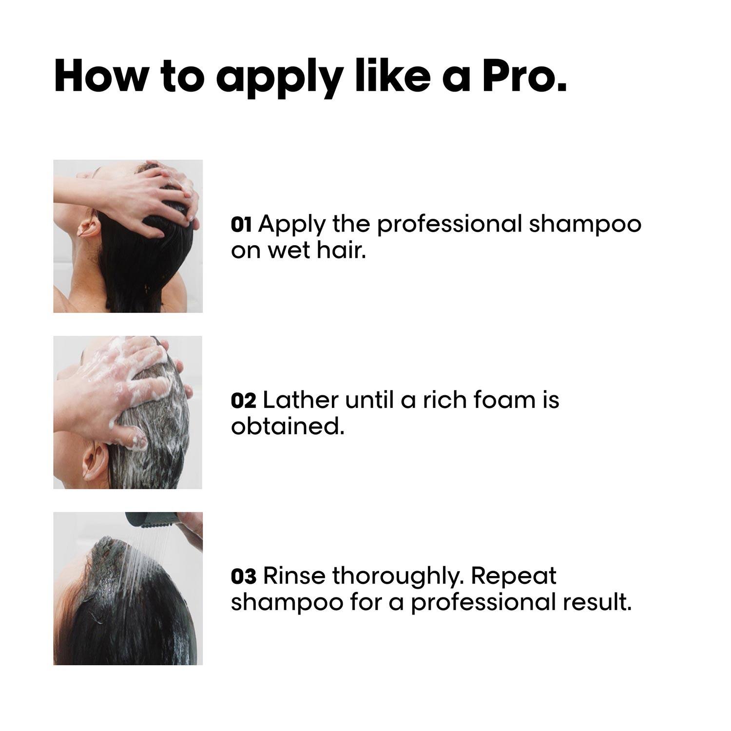 Instructions on how to apply professional shampoo with images of hands applying shampoo to hair.
