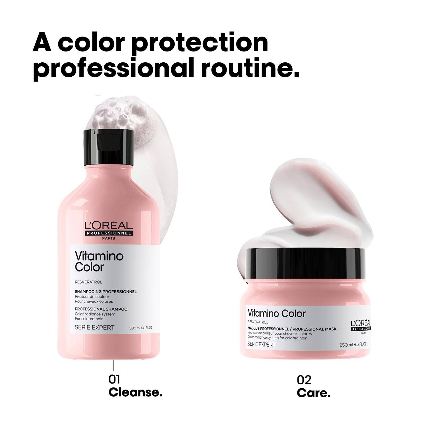 L'Oreal Vitamino Color shampoo and mask with text on a white background