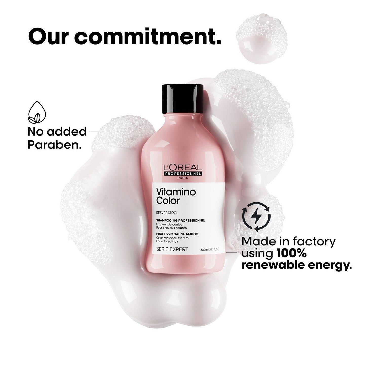 L'Oreal Vitamino Color shampoo bottle with eco-friendly claims on a white background